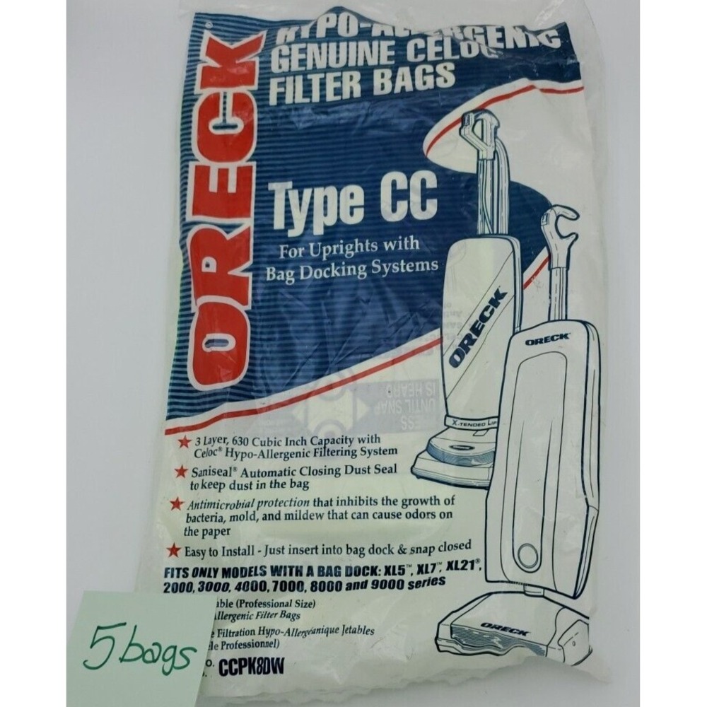 Oreck XL Type CC Vacuum Cleaner‎ Filter Bags Pack of 5 Hypoallergenic CCPK8DW